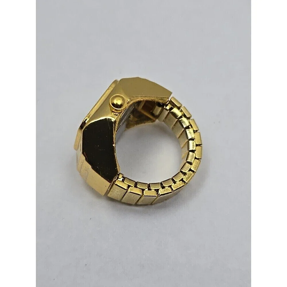 Bozhi Gold Tone Quartz Ring Watch Black Dial New Battery Retro Stretch Accessory